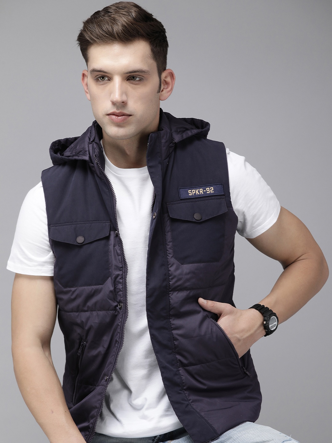 

SPYKAR Sleeveless Hooded Padded Jacket, Navy blue