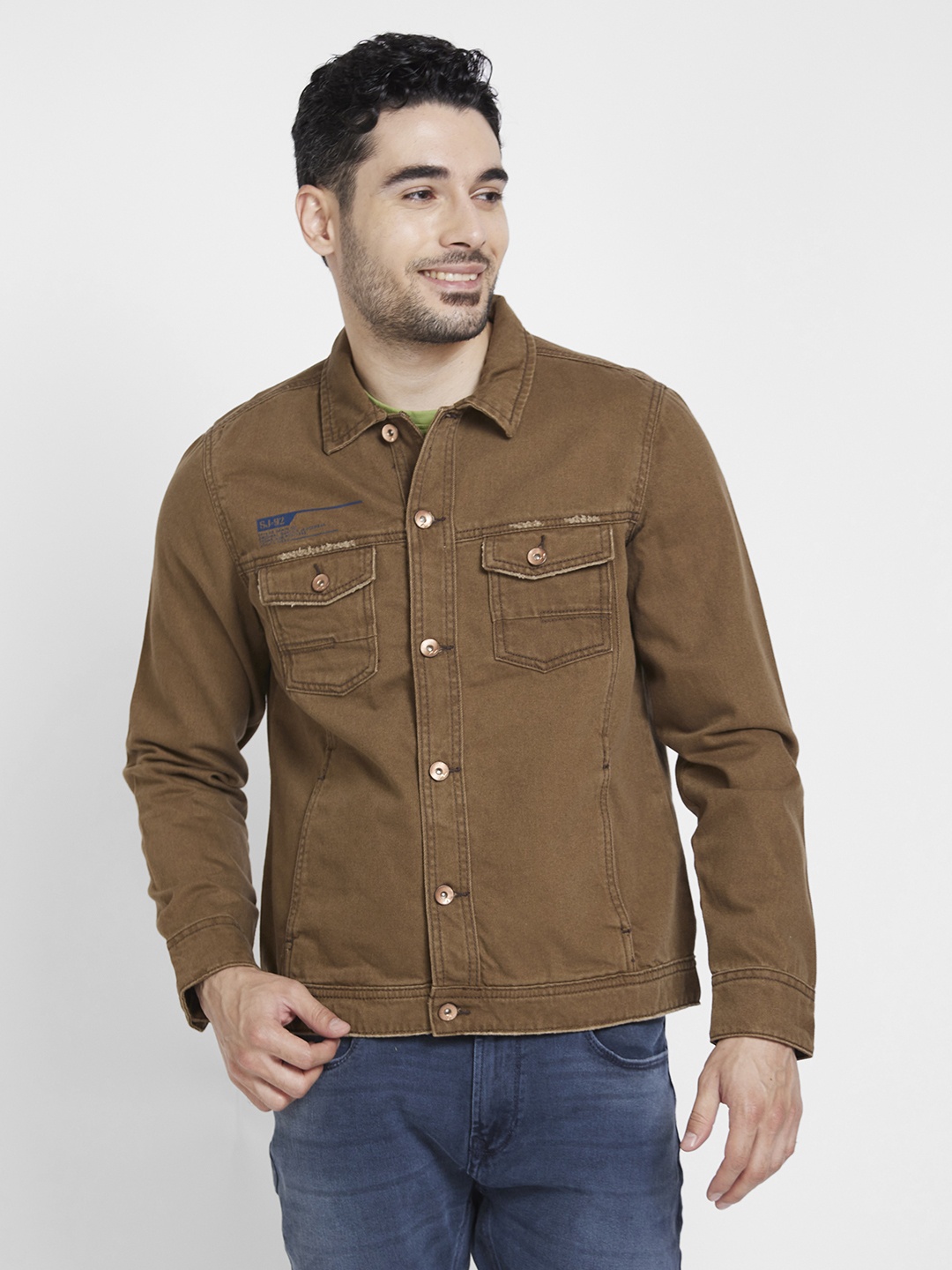 

SPYKAR Solid Pure Cotton Denim Jacket, Khaki