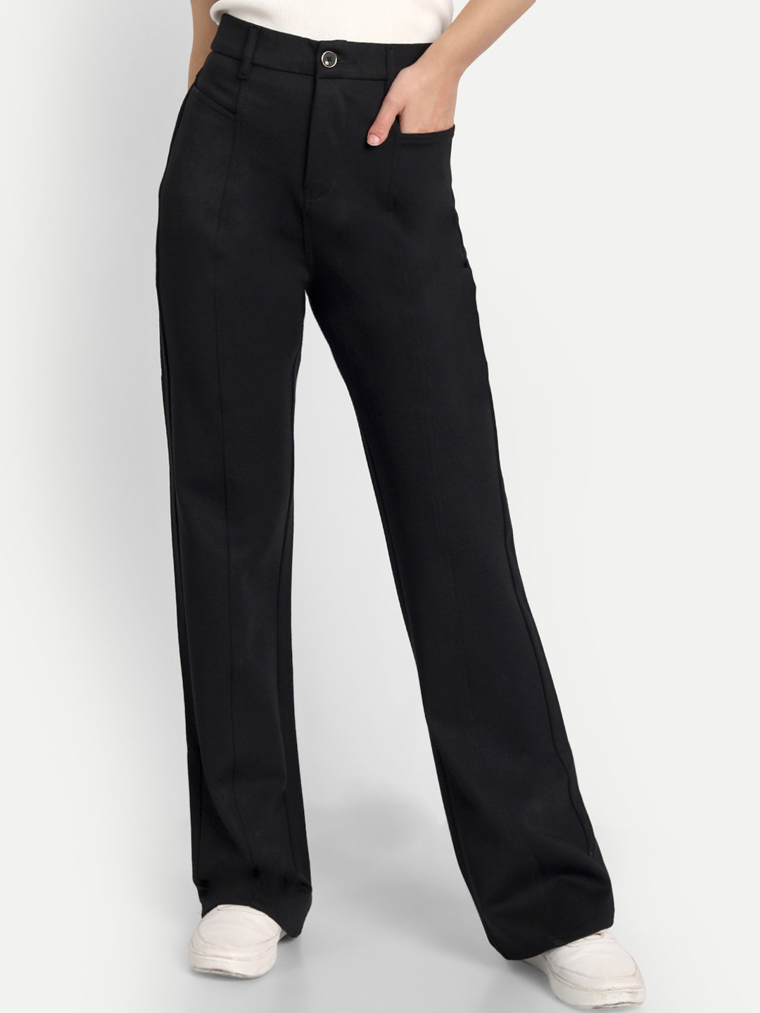 

BROADSTAR Women Black Relaxed Straight Leg Loose Fit High-Rise Easy Wash Trousers