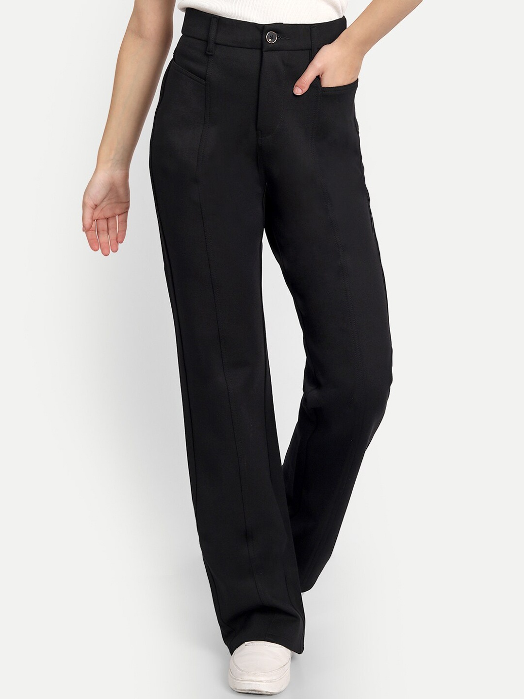 

BROADSTAR Women Black Relaxed Straight Leg Loose Fit High-Rise Easy Wash Trousers