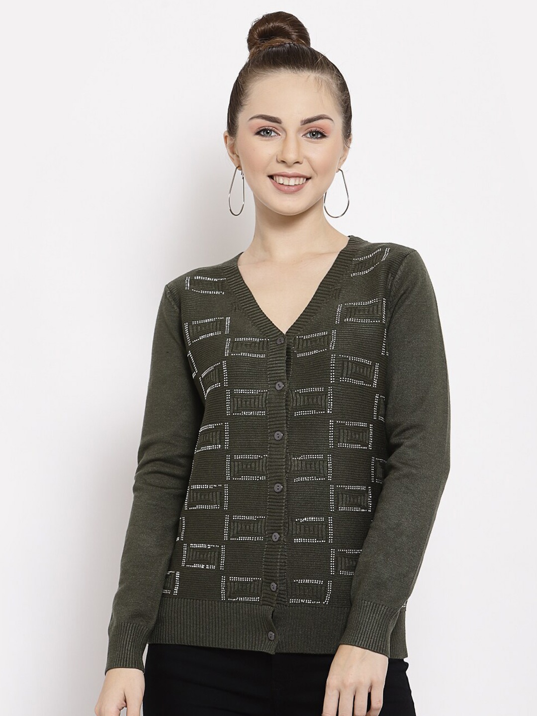 

Mafadeny Women Olive Green Cardigan