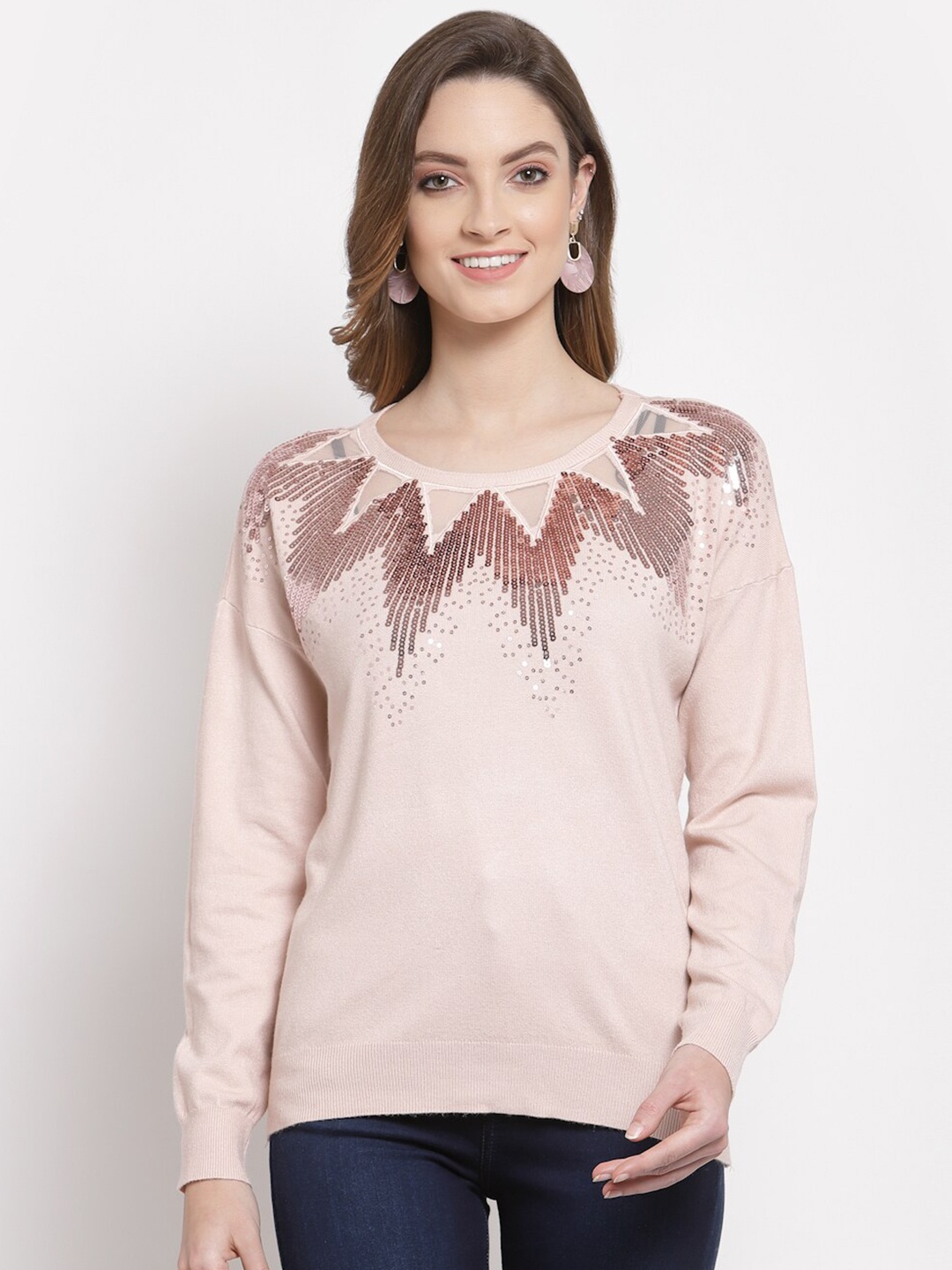 

Mafadeny Women Peach-Coloured & Silver-Toned Embroidered Pullover with Embellished Detail