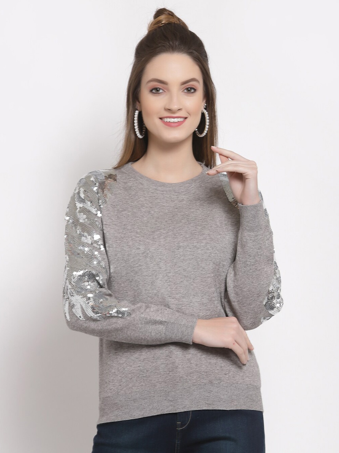 

Mafadeny Women Grey Pullover with Embellished Detail