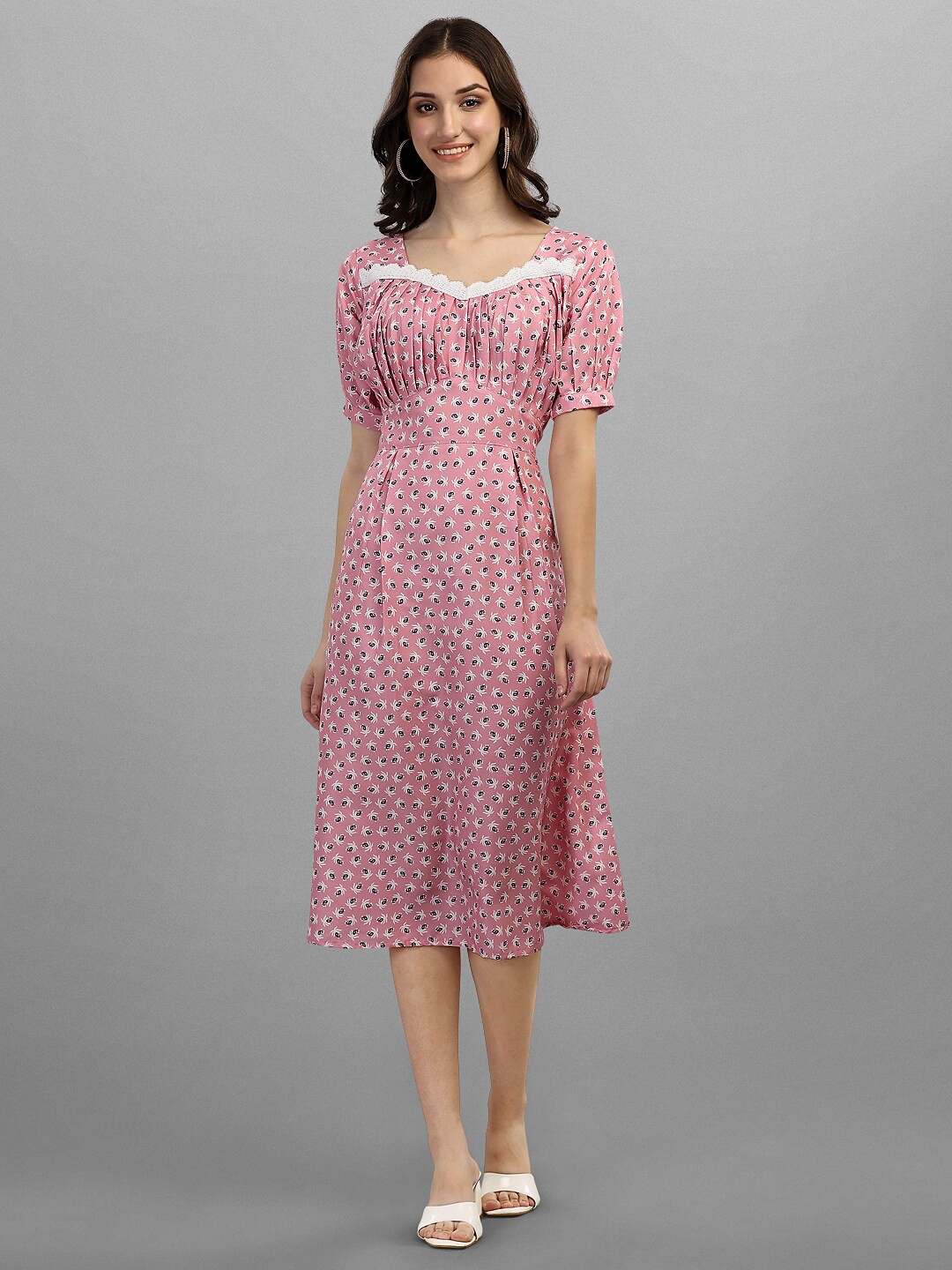 

GUFRINA Pink Floral Printed A-Line Midi Dress