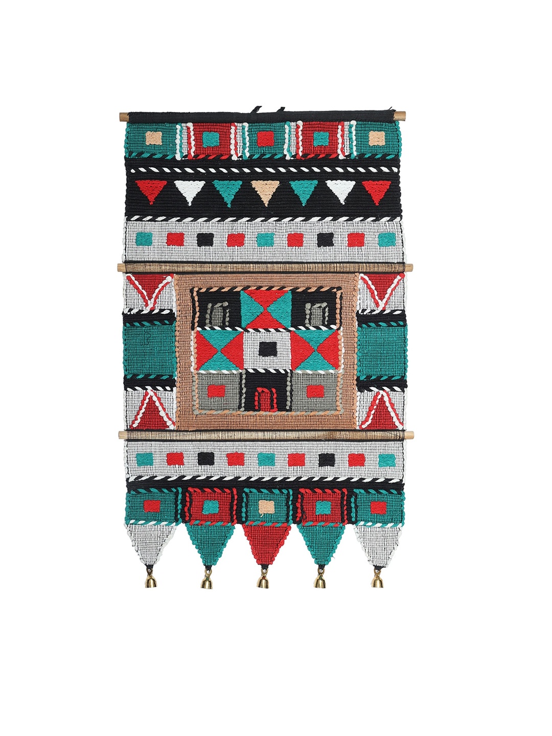 

Exotic India Multicolored Cotton Wall-Hanging with Wooden Beads and Brass Bells, Green