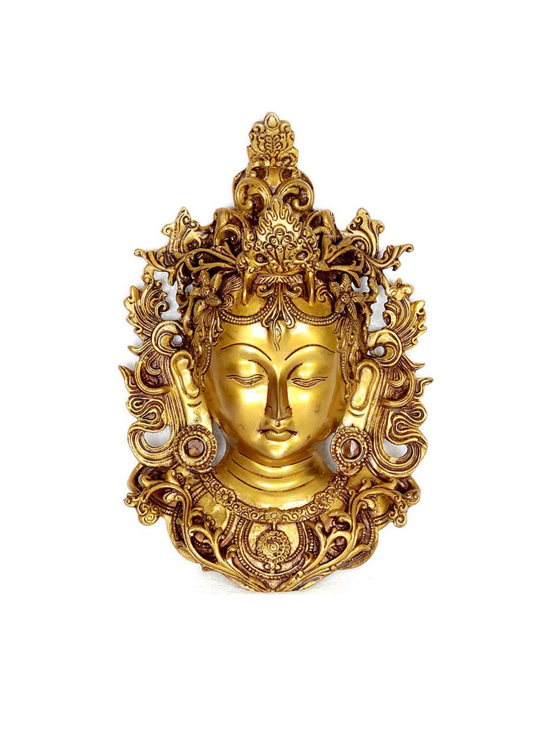 

Exotic India 11" Brass Devi Tara Wall-Hanging Mask Framed by Vines, Gold