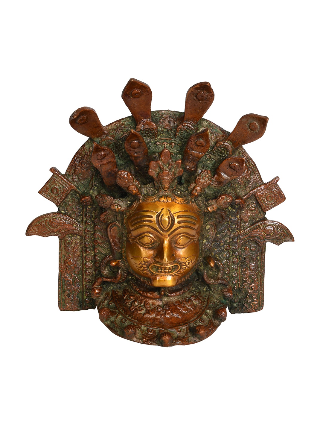 

Exotic India 6" Lord Bhairava And A Multitude Of Snakes: Wall-Hanging Mask In Brass, Brown