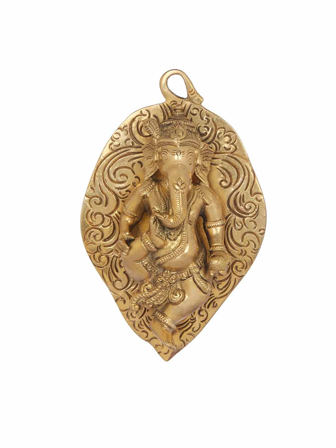 

Exotic India 6" Baby Ganesha on Pipal Leaf Wall Hanging in Brass, Gold