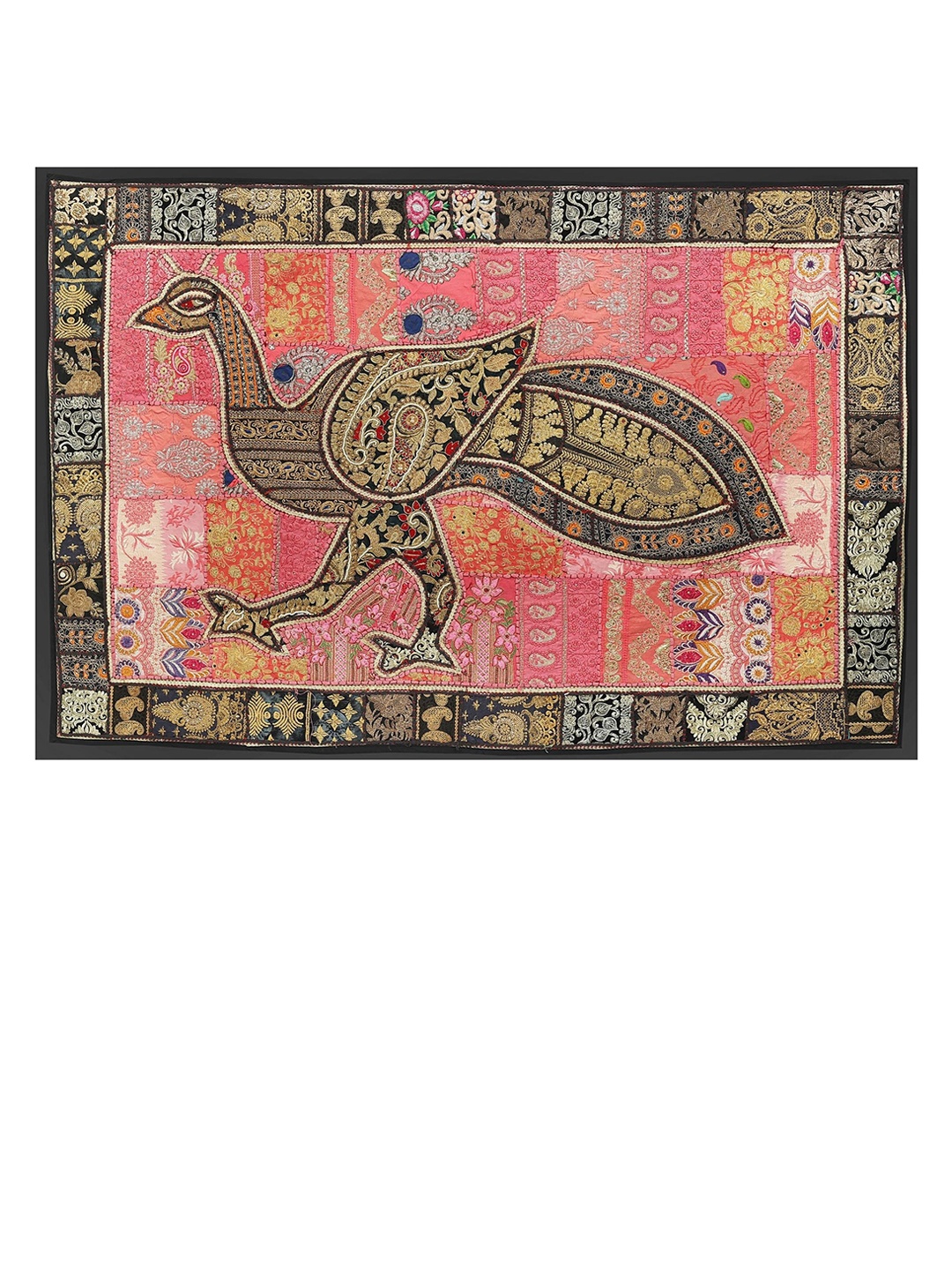 

Exotic India Pink & Gold-Toned Peacock Embroidery Patchwork Wall Decor