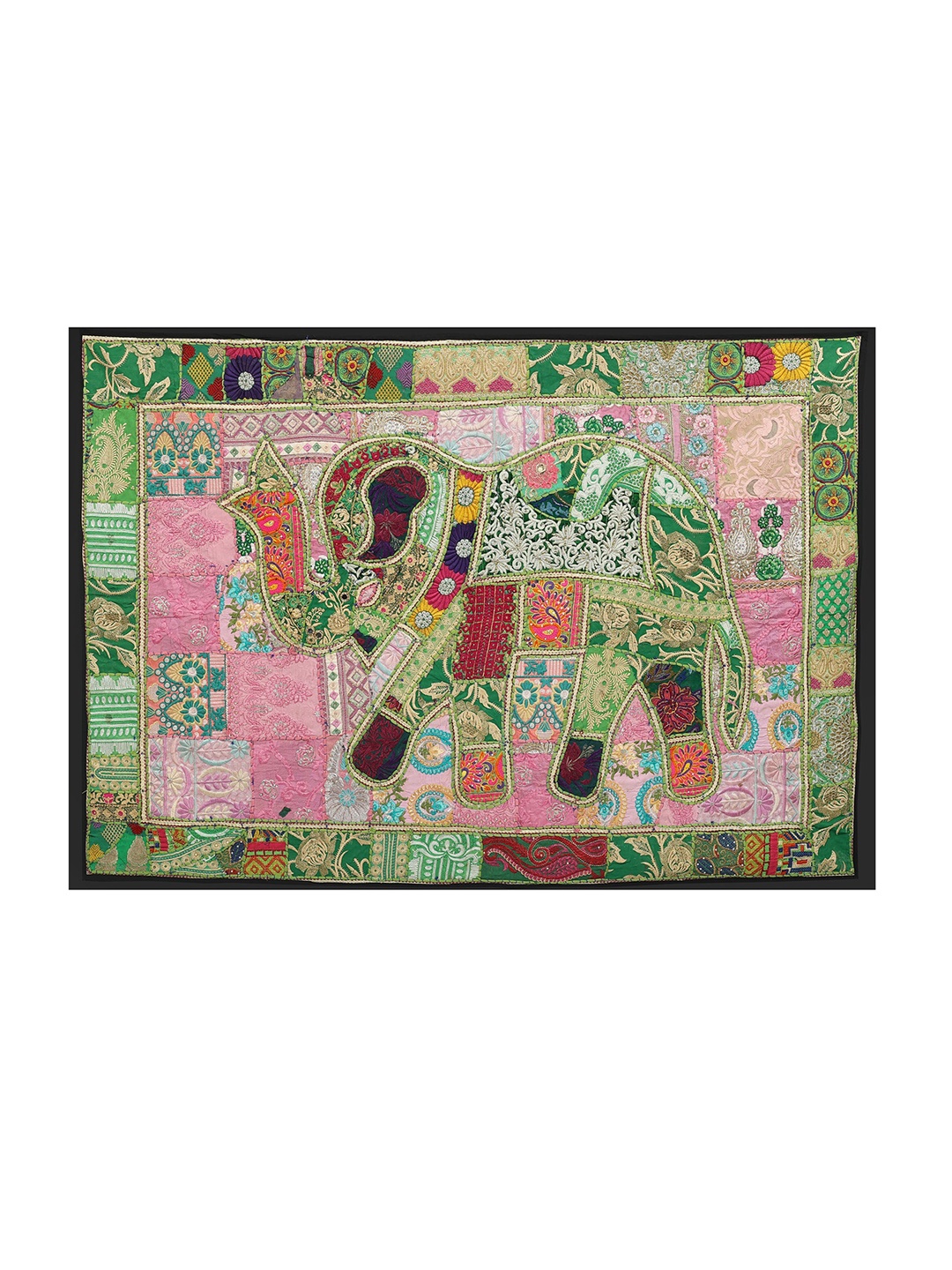 

Exotic India Green Hand-Crafted Elephant Gujarati Upcycled Embroidery Wall Hanging