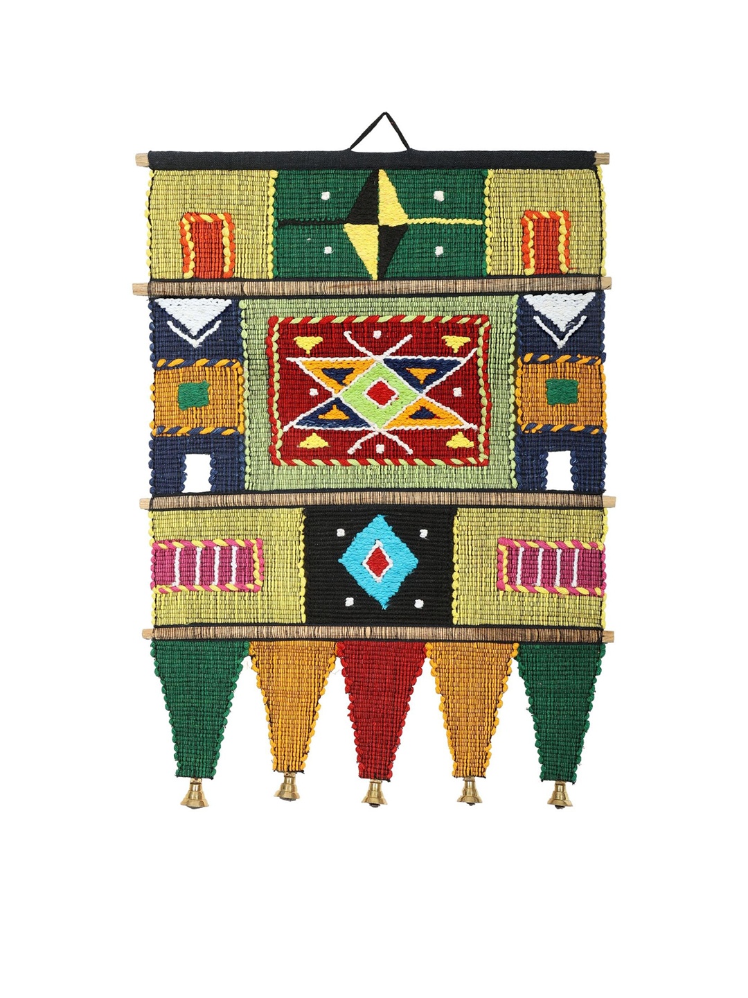 

Exotic India Cotton Wall Hanging with Wooden Beads & Brass Bells, Green