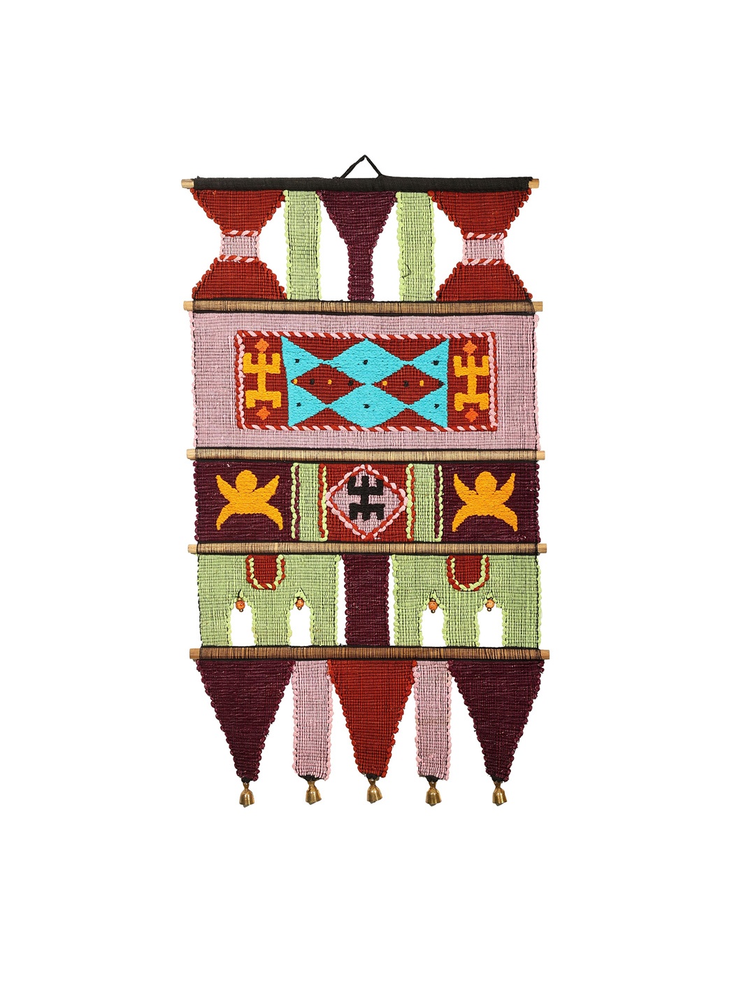 

Exotic India Cotton Wall Hanging with Wooden Beads & Brass Bells, Red