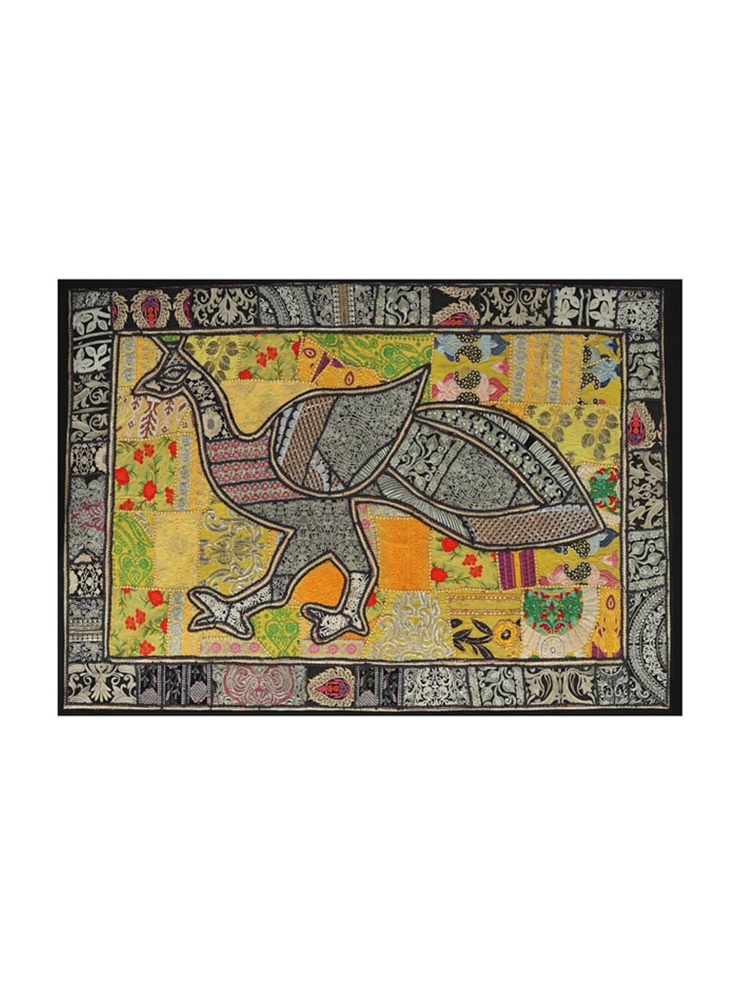 

Exotic India Peacock Embroidery Patchwork Wall Hanging, Black