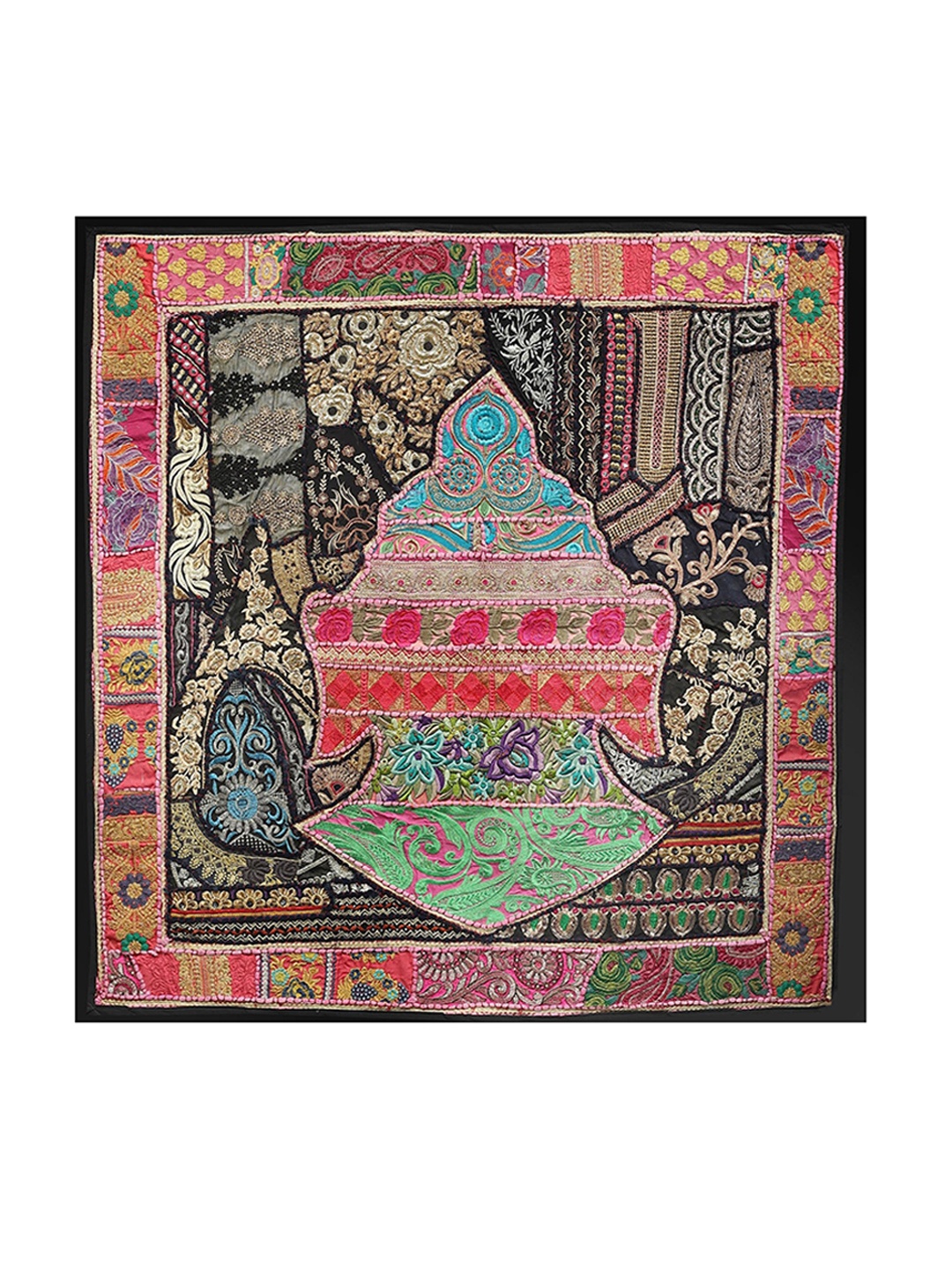 

Exotic India Buddha Head Embroidery Patchwork Wall Hanging, Pink