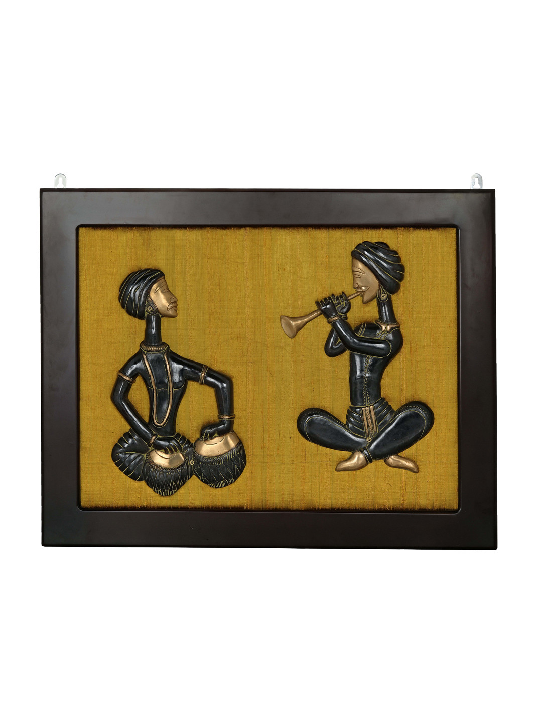 

Exotic India Brass & Wood Two Musician Wall Hanging with Frame, Gold