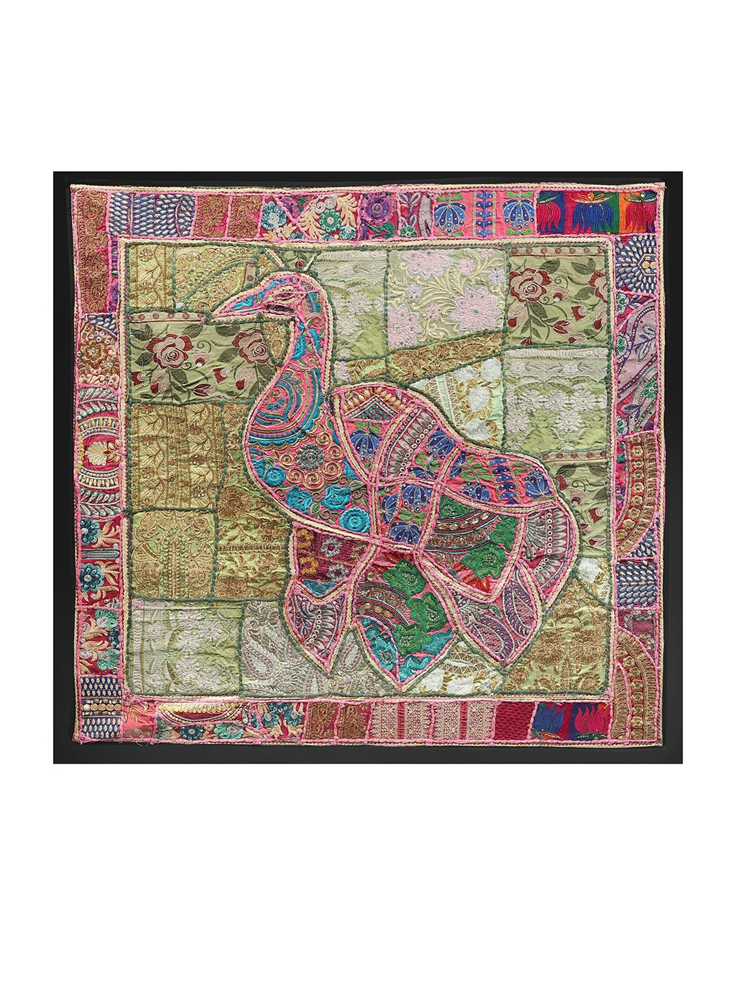 

Exotic India Pink & Green Embroidery Patchwork Hand-Crafted Peacock Wall Hanging