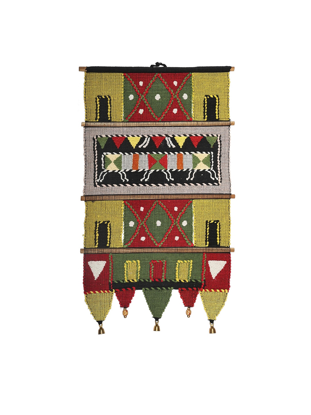 

Exotic India Green & Red Cotton Handmade Wall Decor With Wooden Beads and Brass Bells