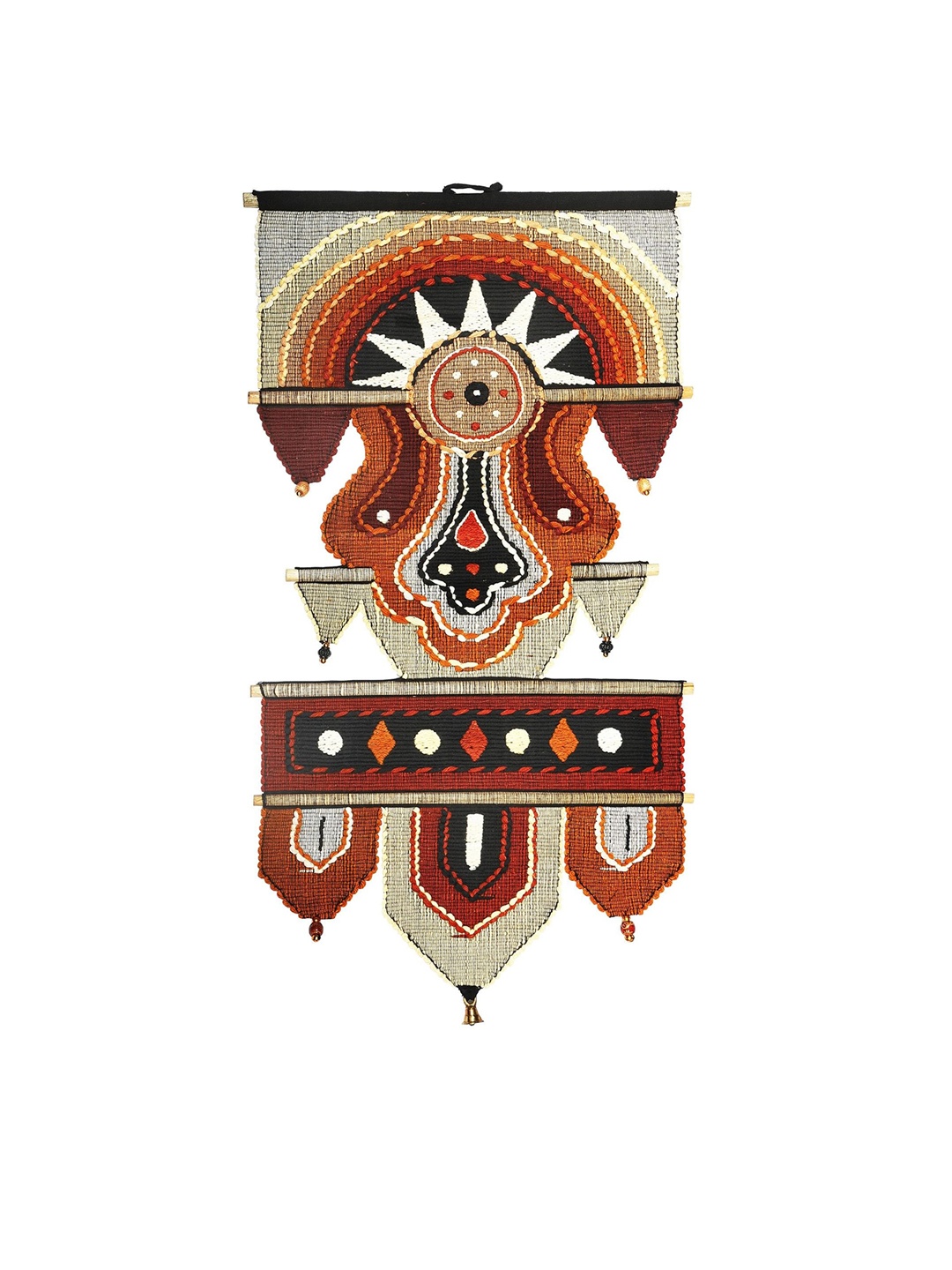 

Exotic India Cotton Wall-Hanging with Wooden Beads and Brass Bells, Red