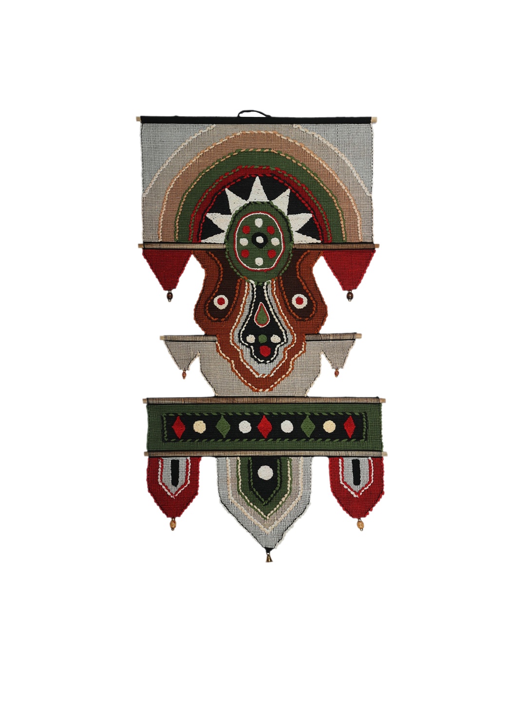 

Exotic India Multicolored Cotton Wall-Hanging with Wooden Beads and Brass Bells, Green