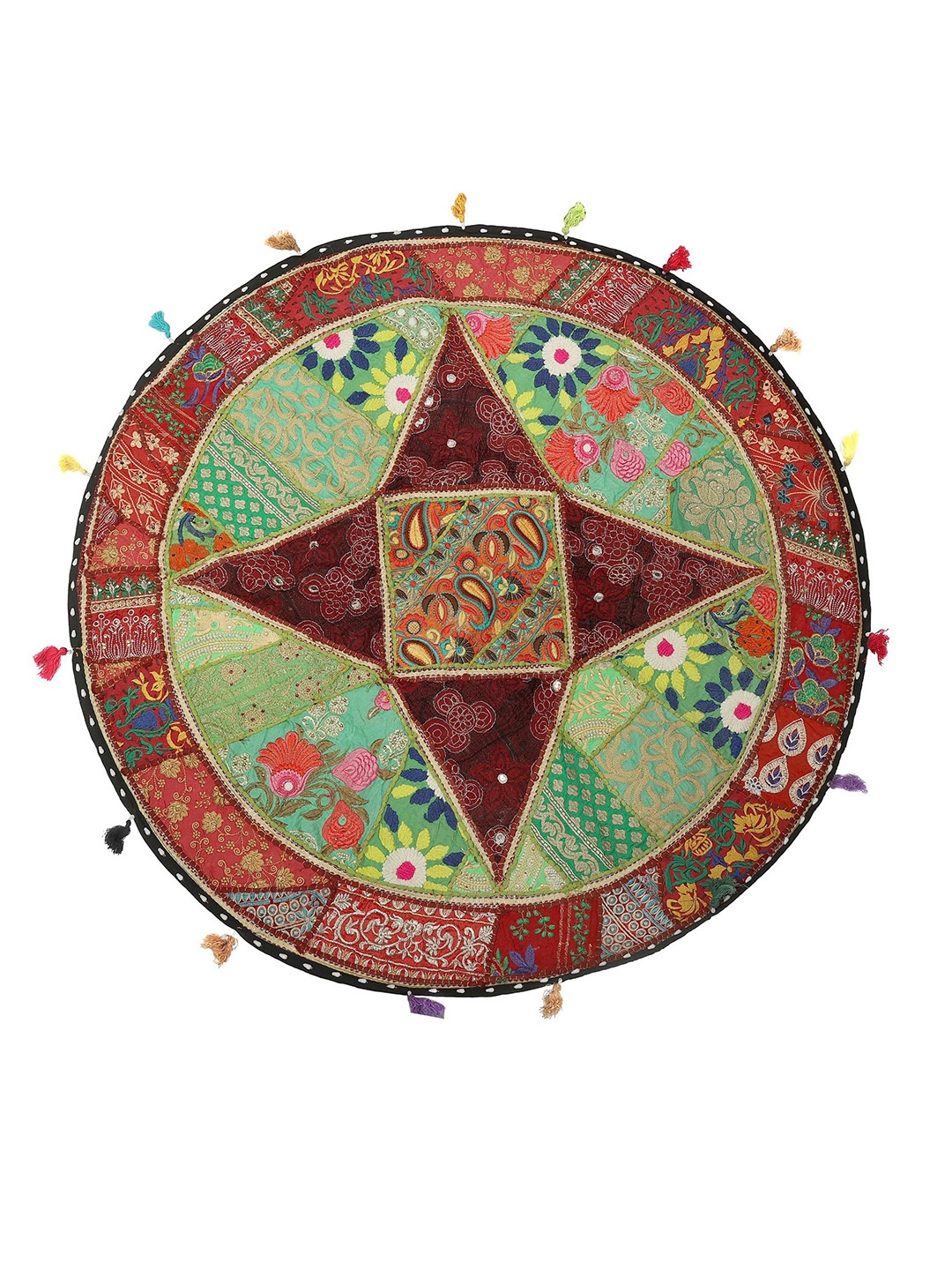 

Exotic India Green Hand-Crafted Round Gujarati Upcycled Embroidery Patchwork Wall Hanging