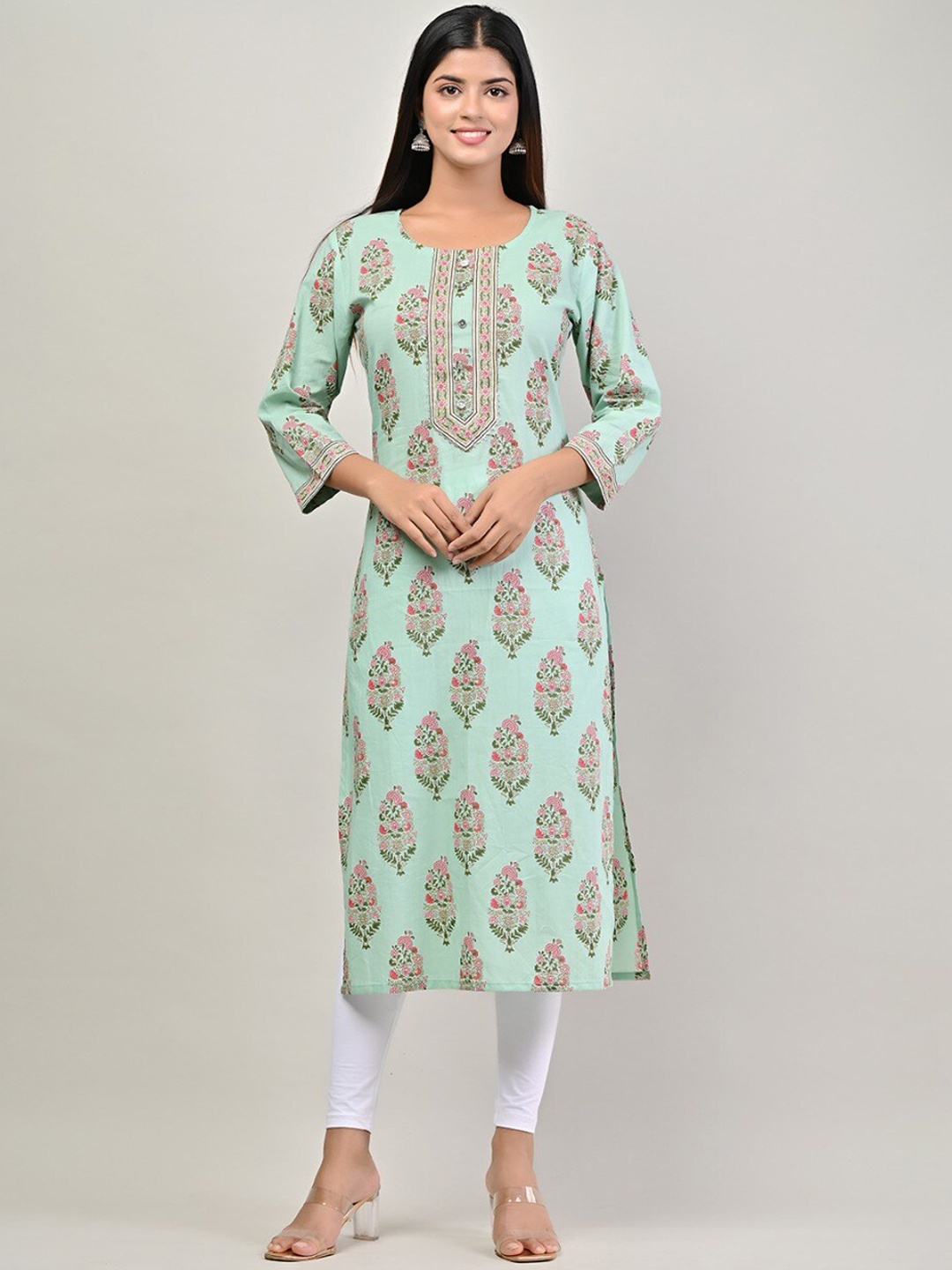 

Swasti Women Green & Peach-Coloured Ethnic Motifs Printed Floral Kurta