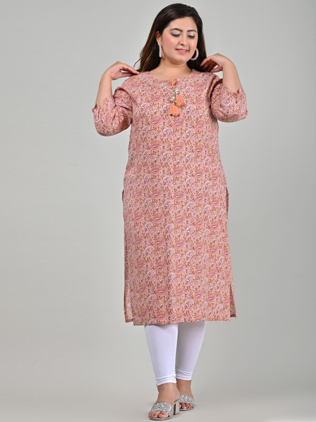 

Swasti Women Plus Size Peach-Coloured Ethnic Motifs Printed Floral Kurta