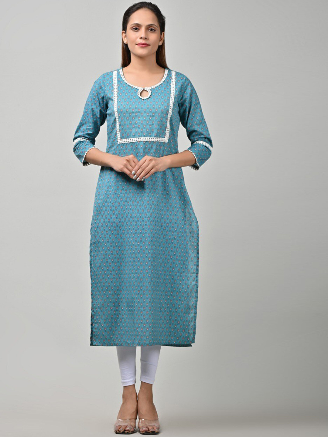 

Swasti Women Teal Floral Printed Keyhole Neck Floral Kurta