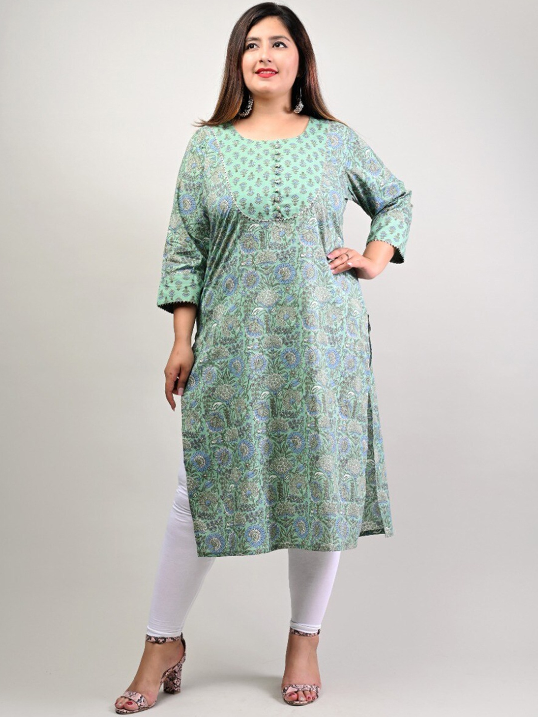 

Swasti Women Sea Green Ethnic Motifs Yoke Design Gotta Patti Floral Kurta