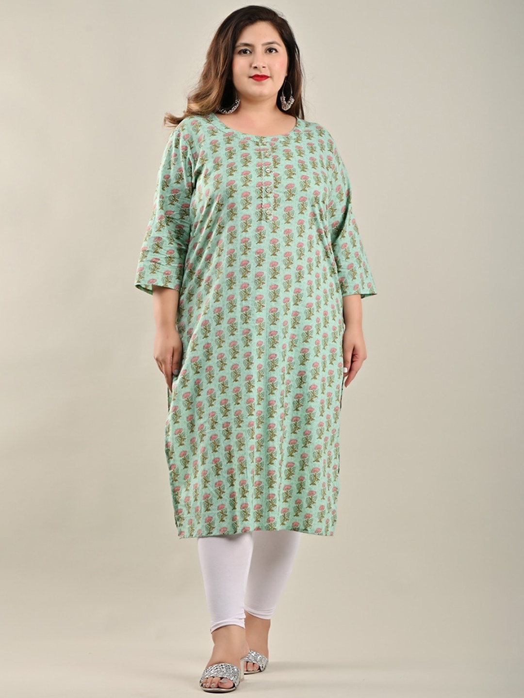 

Swasti Plus Size Women Green Floral Printed Cotton Kurta