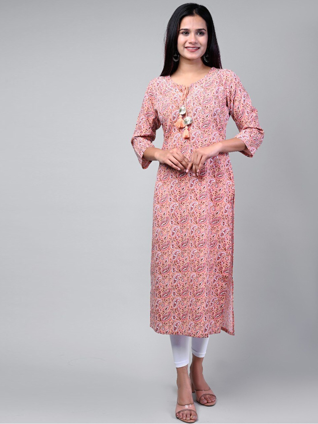 

Swasti Women Peach Ethnic Motifs Printed Viscose Rayon Straight Kurta