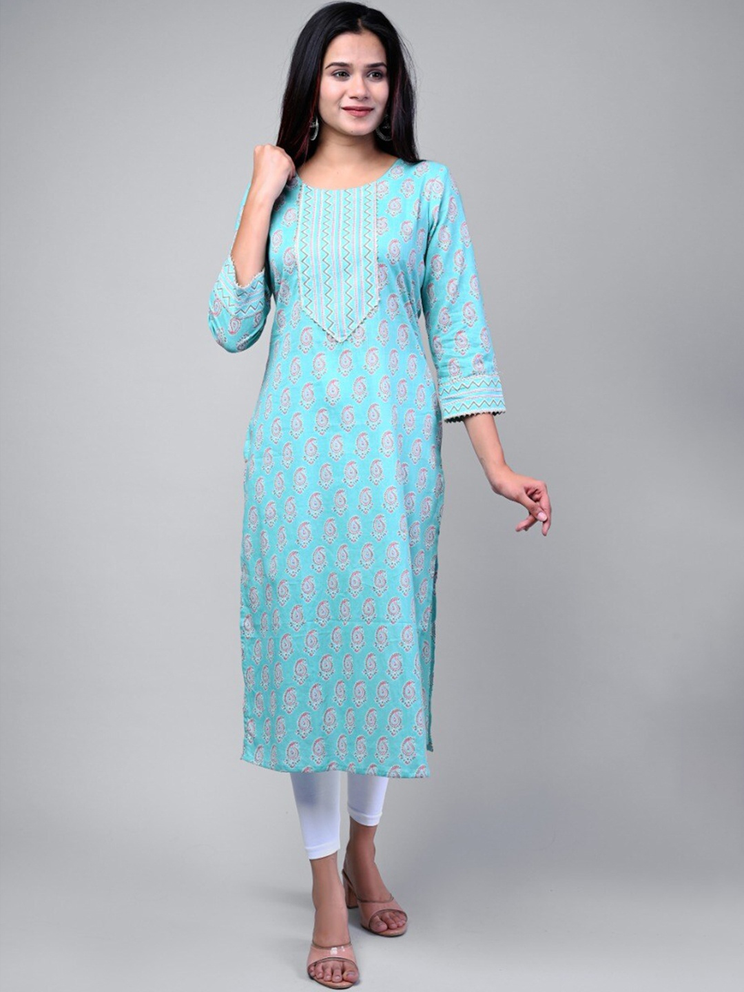 

Swasti Women Turquoise Blue Ethnic Motifs Printed Straight Kurta