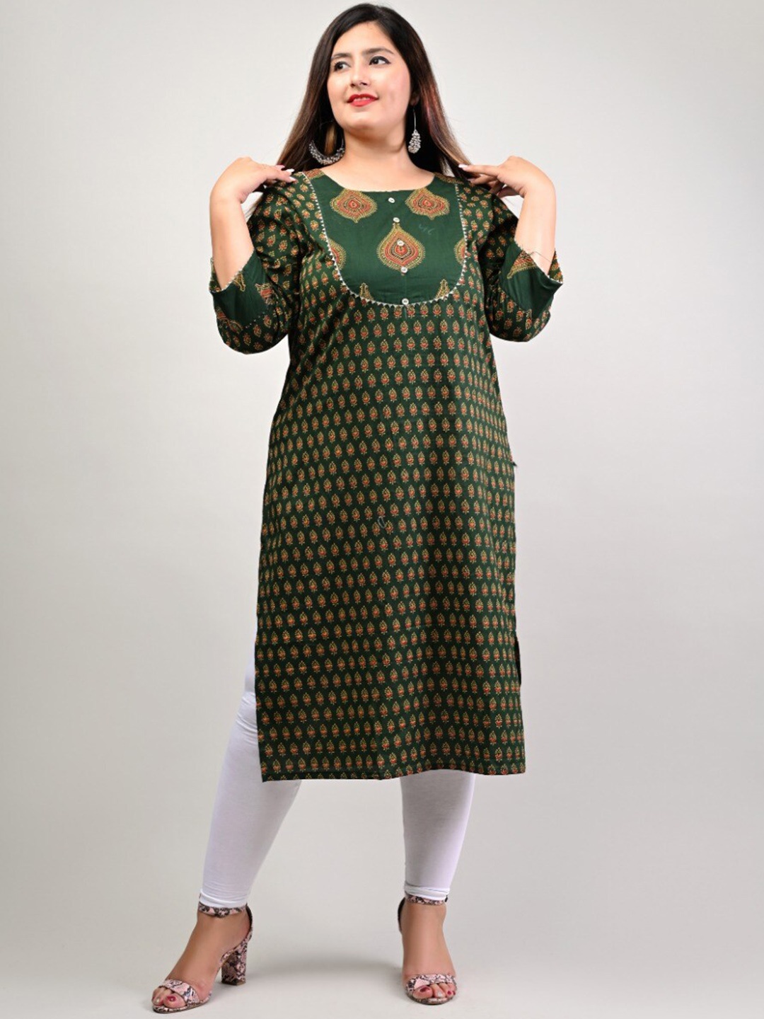 

Swasti Women Plus Size Green Ethnic Motifs Printed Floral Anarkali Cotton Kurta