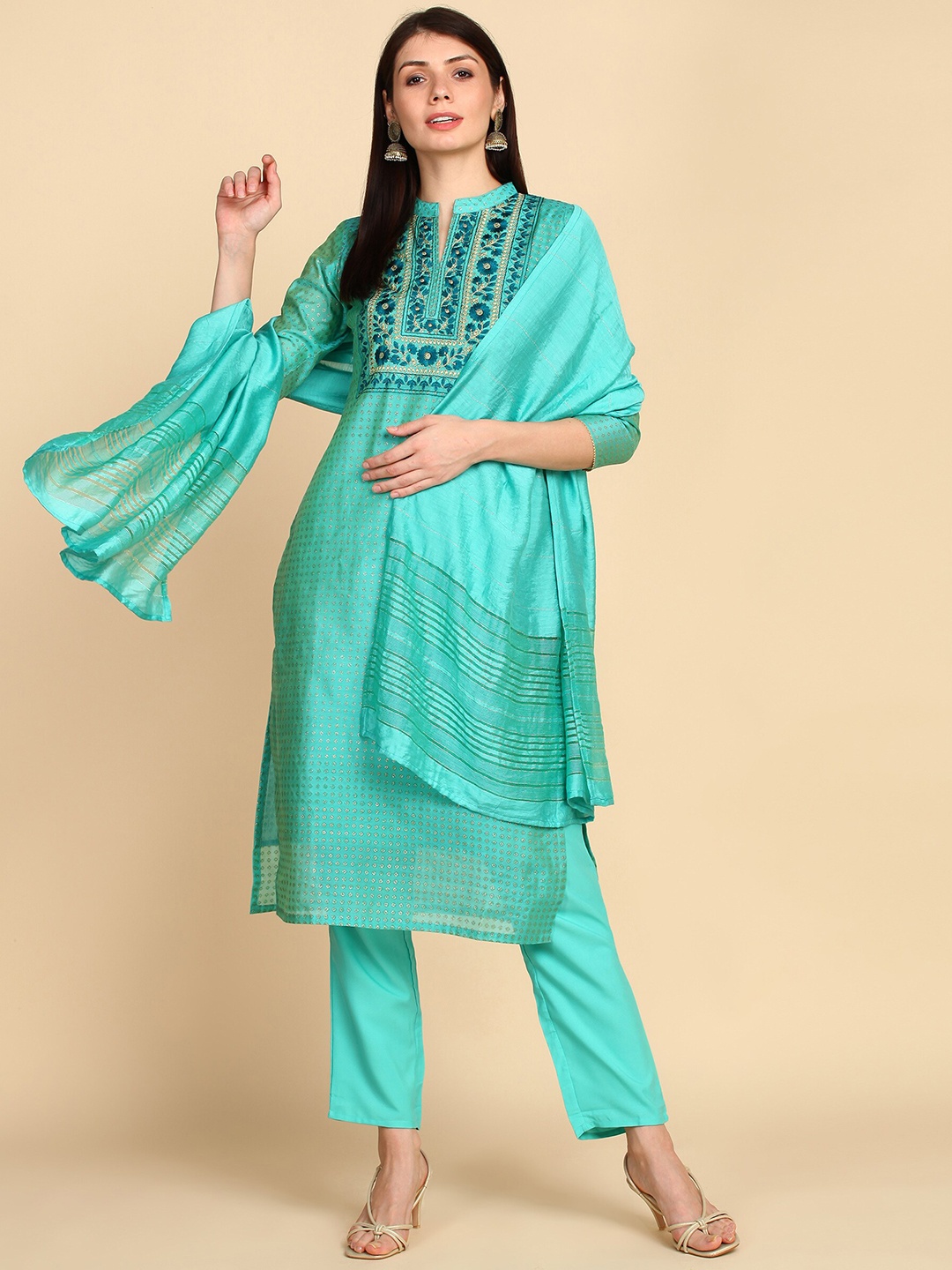 

Bani Women Sea Green Embroidered Chanderi Cotton Kurta with Trousers & With Dupatta