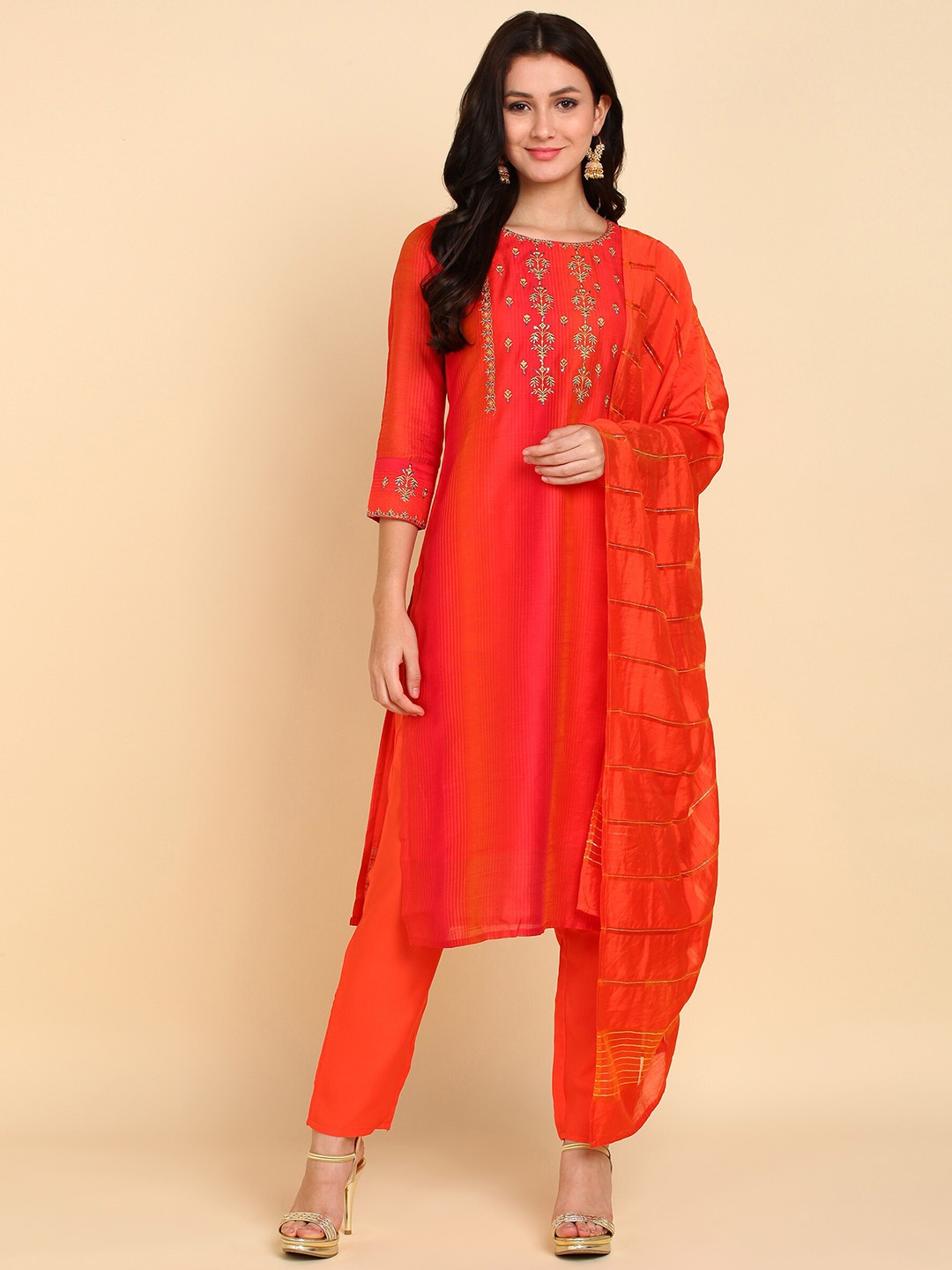 

Bani Women Rust Embroidered Chanderi Cotton Kurta with Trousers & With Dupatta