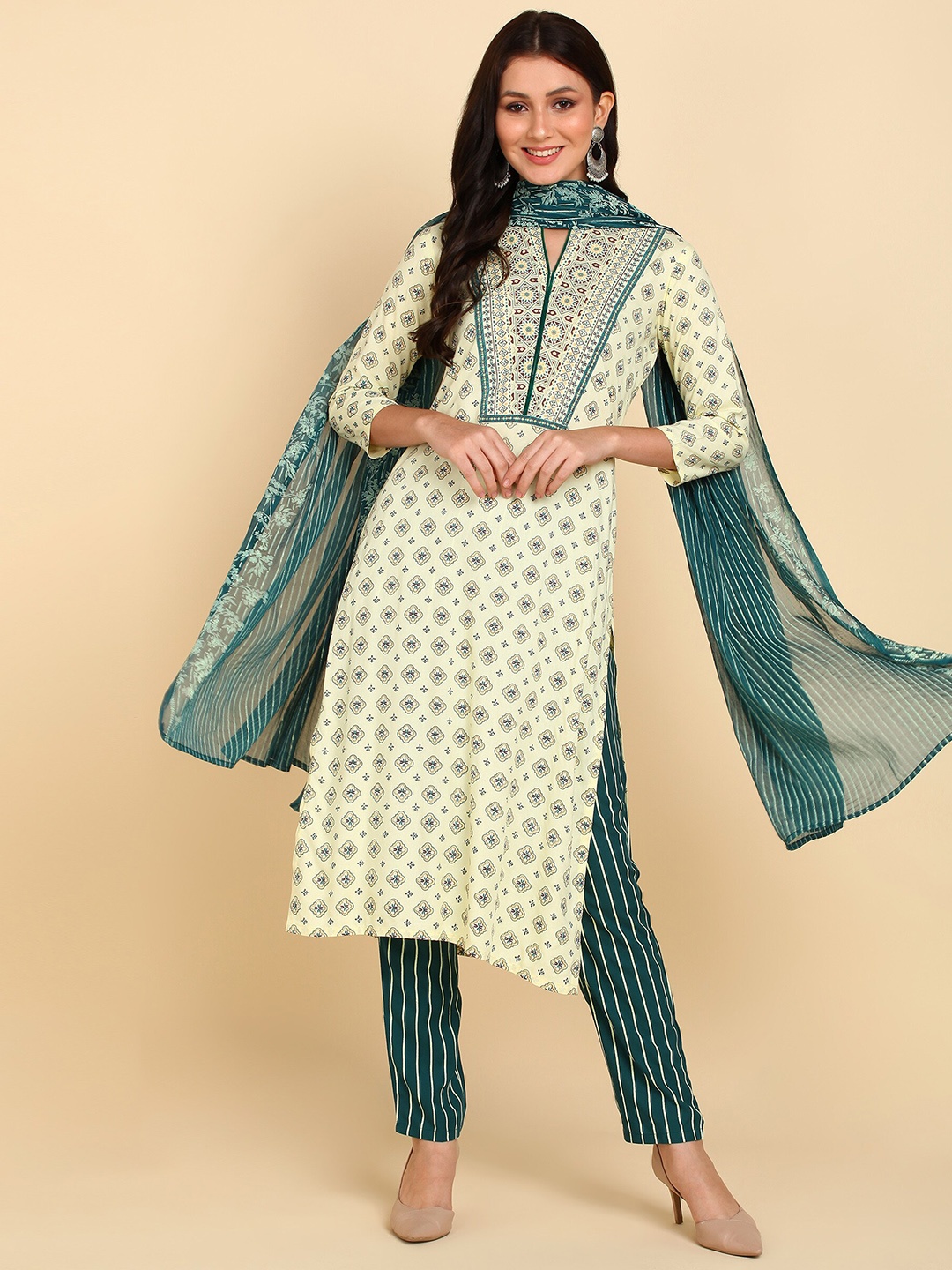 

Bani Women Lime Green Ethnic Motifs Printed Liva Kurta with Trousers & With Dupatta