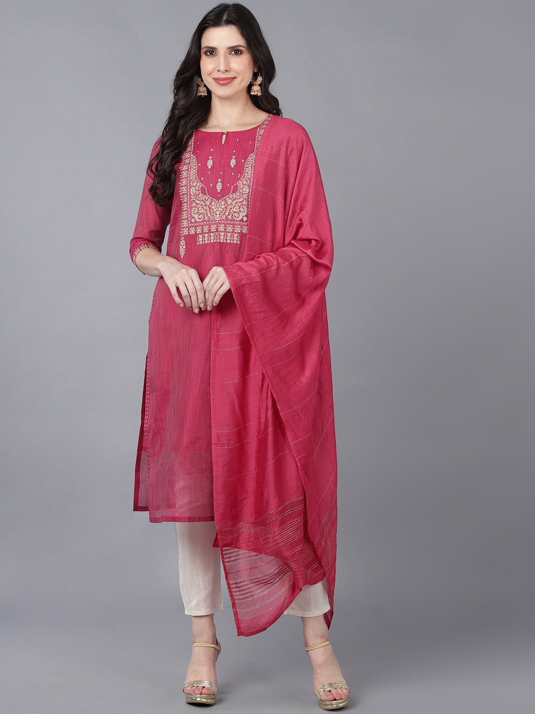 

Bani Women Fuchsia Ethnic Motifs Embroidered Chanderi Cotton Kurta with Trousers & With Dupatta