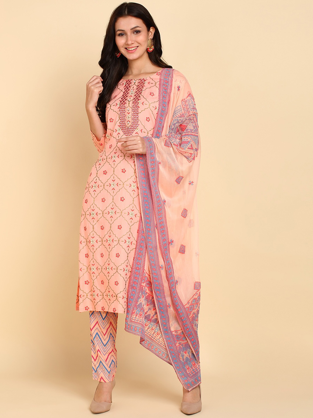 

Bani Women Peach-Coloured Floral Printed Liva Kurta with Trousers & With Dupatta