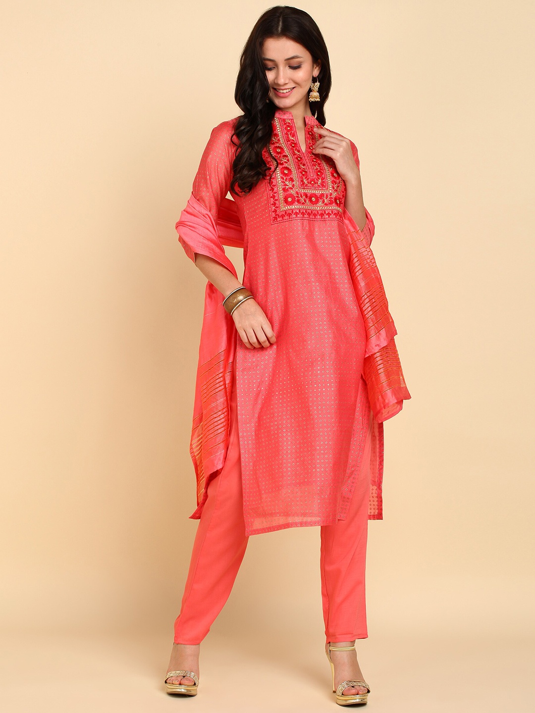 

Bani Women Peach-Coloured Embroidered Chanderi Cotton Kurta with Trousers & With Dupatta