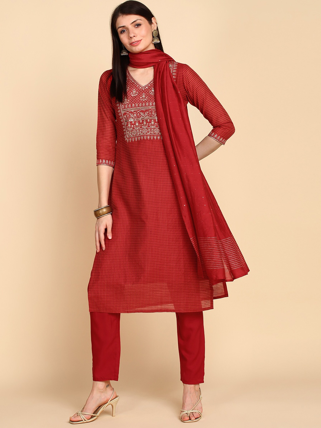

Bani Women Maroon Yoke Design Chanderi Cotton Kurta with Trousers & With Dupatta