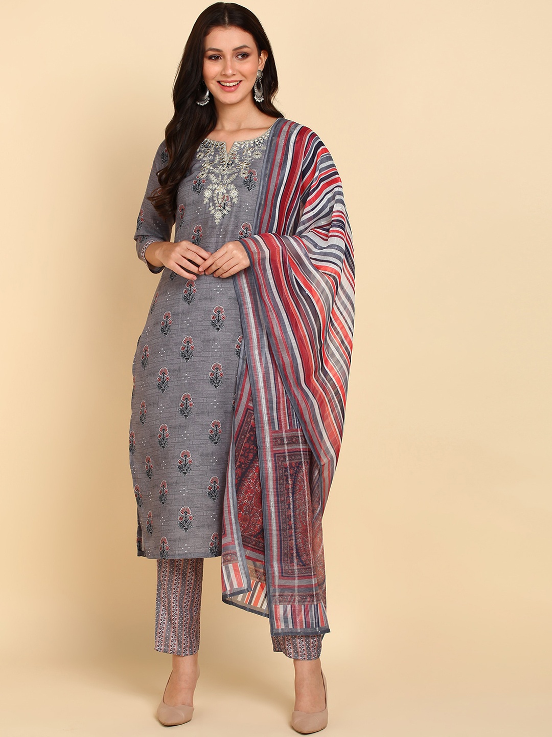 

Bani Women Grey Floral Embroidered Kurta with Trousers & With Dupatta