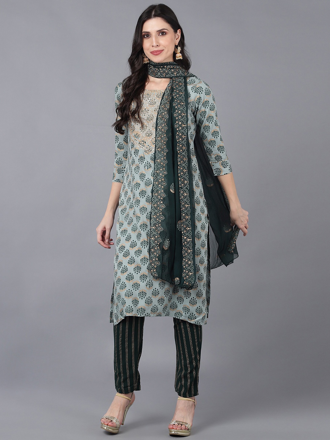 

Bani Women Green Floral Printed Chanderi Cotton Kurta with Trousers & With Dupatta