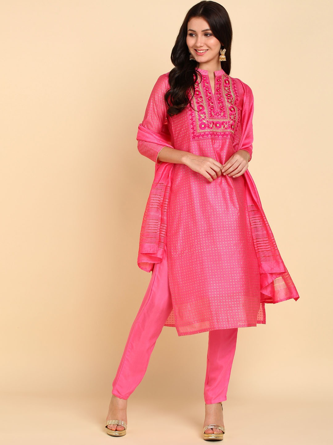 

Bani Women Pink Floral Embroidered Chanderi Cotton Kurta with Trousers & With Dupatta