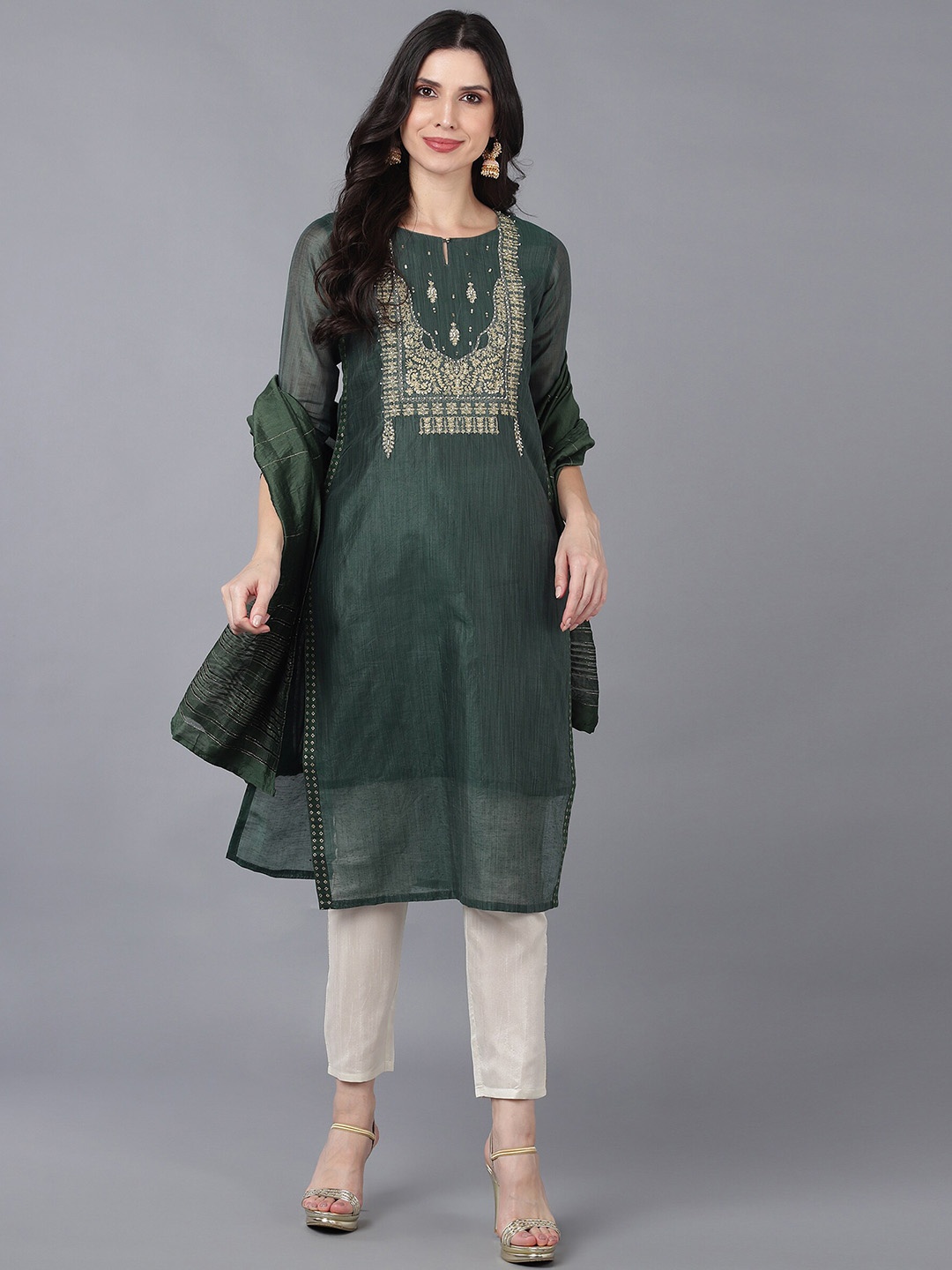 

Bani Women Green Ethnic Motifs Yoke Design Sequinned Chanderi Cotton Kurta with Trousers & With Dupatta