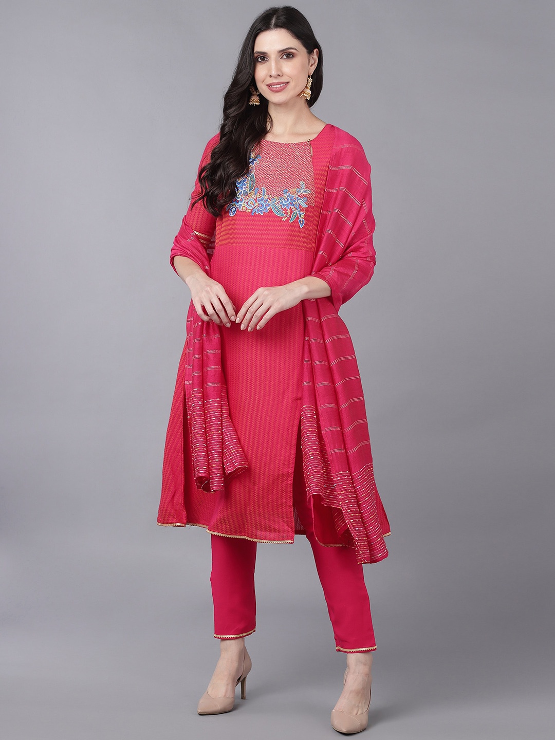 

Bani Women Pink Floral Embroidered Chanderi Cotton Kurta with Trousers & With Dupatta