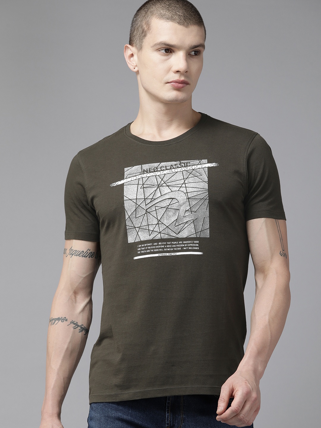

SPYKAR Printed Slim Fit Pure Cotton T-shirt, Olive