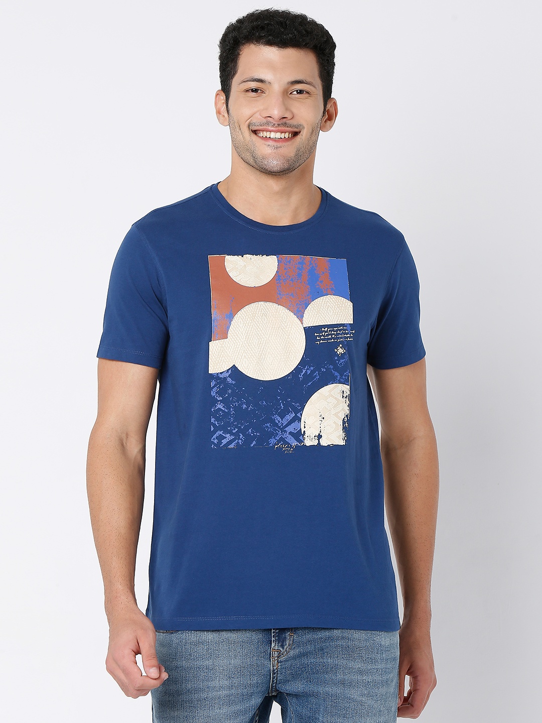 

SPYKAR Pure Cotton Graphic Printed Slim Fit Casual T-shirt, Blue