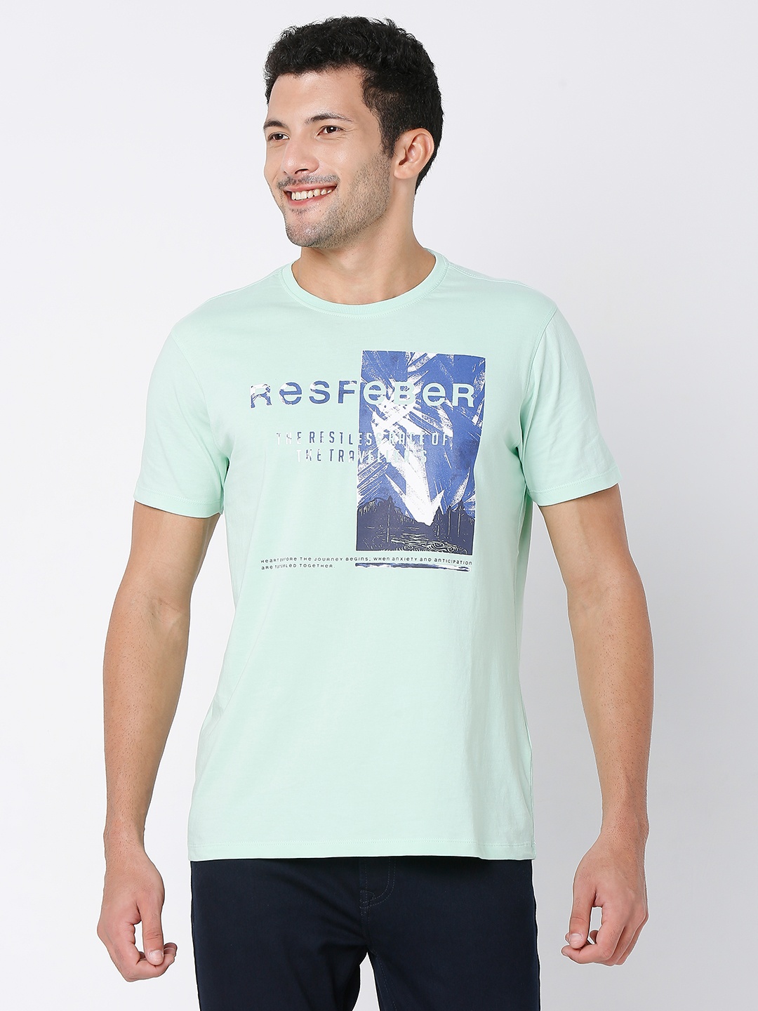 

SPYKAR Pure Cotton Graphic Printed Slim Fit Casual T-shirt, Green