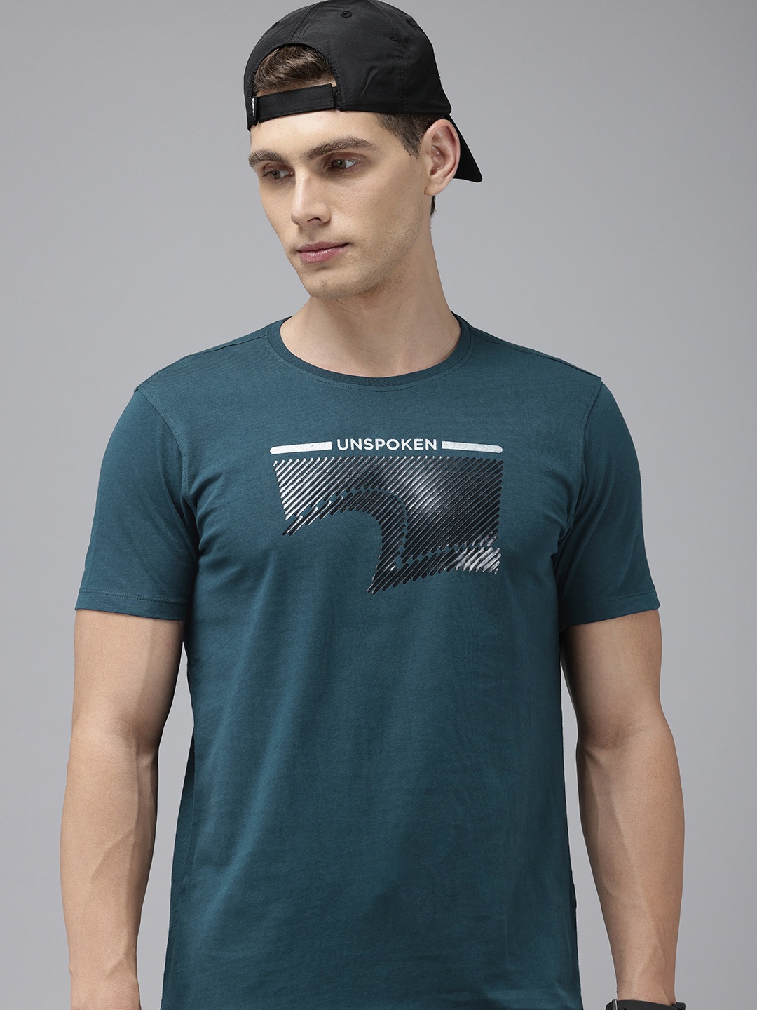 

SPYKAR Printed Pure Cotton Slim Fit T-shirt, Teal