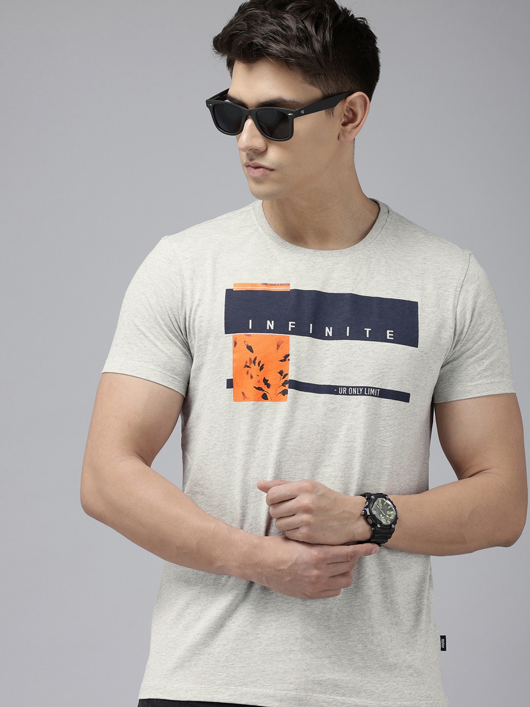 

SPYKAR Printed Slim Fit T-shirt, Grey