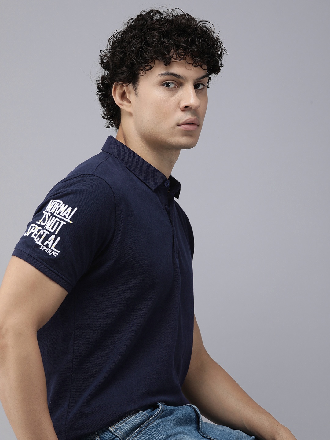 

SPYKAR Men Polo Collar Indigo Pure Cotton Slim Fit T-shirt With Minimal Embroidered Detail, Navy blue